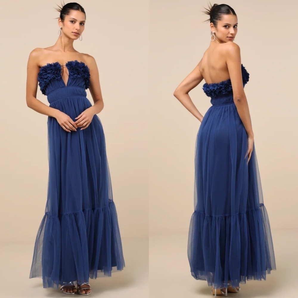 Lulus Chic Spectacle Navy 3D Applique Strapless Maxi Dress M Wedding Party NWT